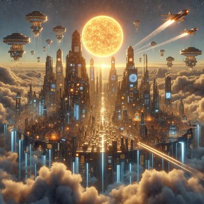 Primary subject: Futuristic city with floating buildings and clocks.
Setting/background: A cloudy sky with a sun in the background.
Visual style: Digital art.
Colors and mood: The image is colorful and has a vibrant, lively atmosphere.